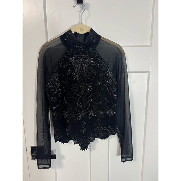 Vintage 90s Tadashi Shoji Mesh Sheer Embellished Mock Neck Top Basque Waist Goth - Picture 3 of 10
